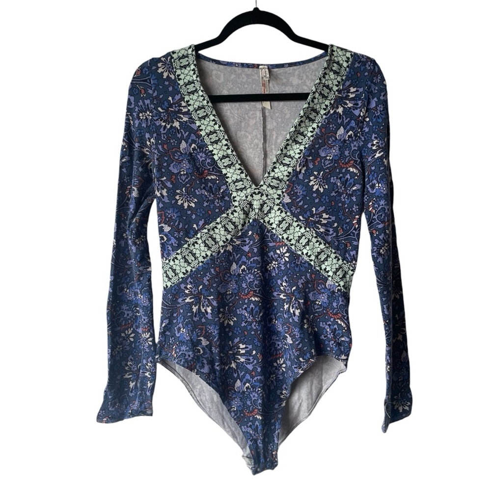 Free People No Where to be Blue Floral Bodysuit